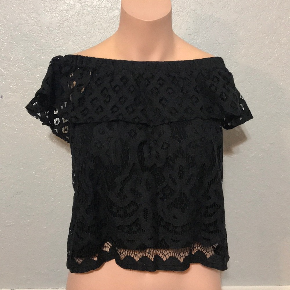 Black lace off the shoulder crop top